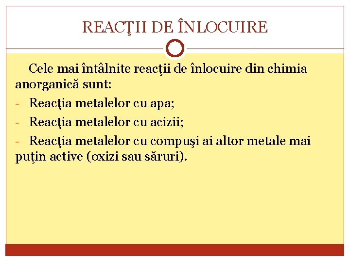 REACŢII DE ÎNLOCUIRE Cele mai întâlnite reacţii de înlocuire din chimia anorganică sunt: -