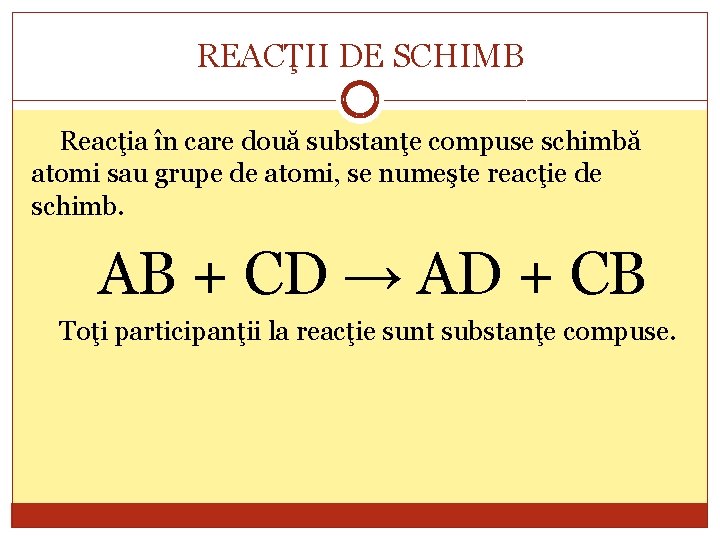 REACŢII DE SCHIMB Reacţia în care două substanţe compuse schimbă atomi sau grupe de