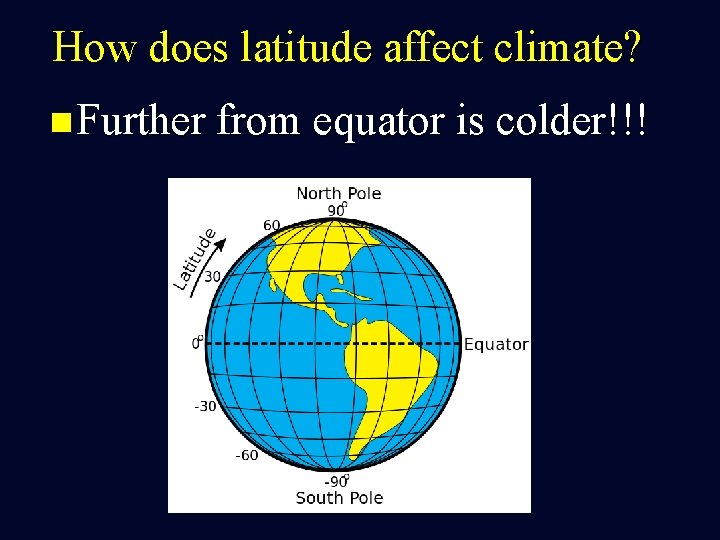 How does latitude affect climate? n Further from equator is colder!!! 