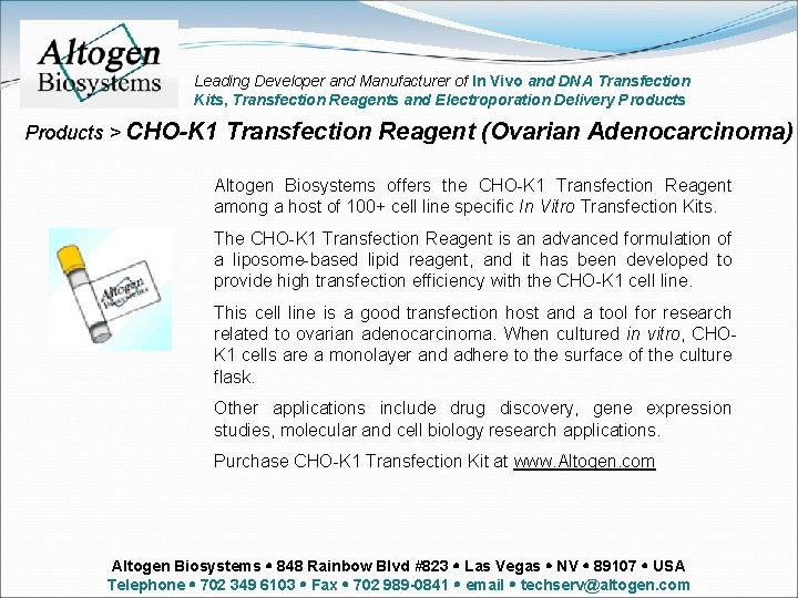 Leading Developer and Manufacturer of In Vivo and DNA Transfection Kits, Transfection Reagents and