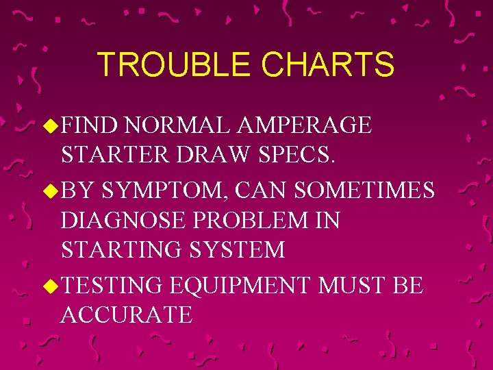 TROUBLE CHARTS u. FIND NORMAL AMPERAGE STARTER DRAW SPECS. u. BY SYMPTOM, CAN SOMETIMES