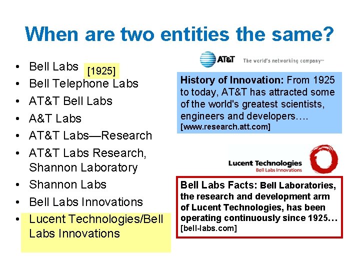 When are two entities the same? • • • Bell Labs [1925] Bell Telephone