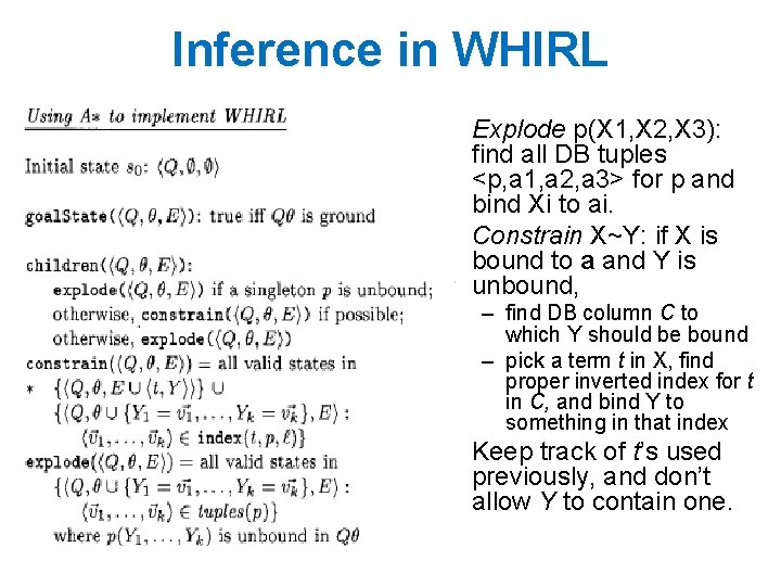 Inference in WHIRL • Explode p(X 1, X 2, X 3): find all DB