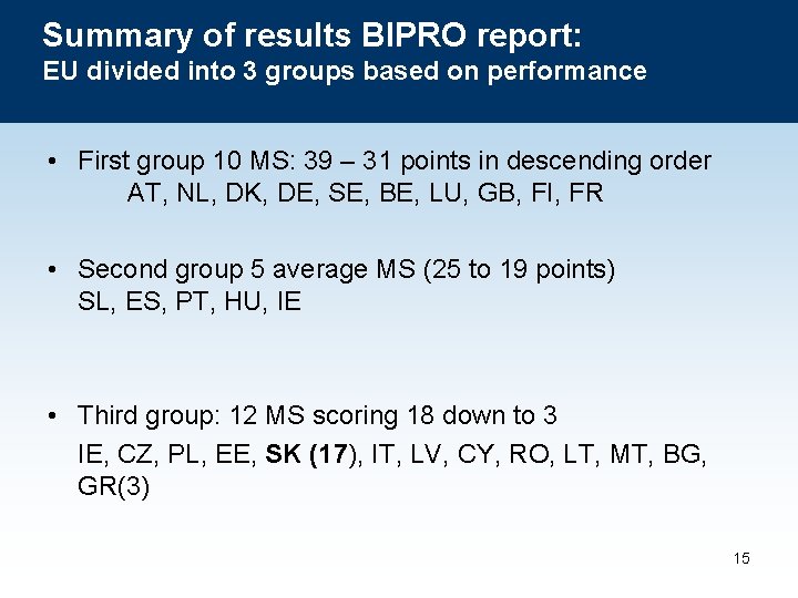 Summary of results BIPRO report: EU divided into 3 groups based on performance •