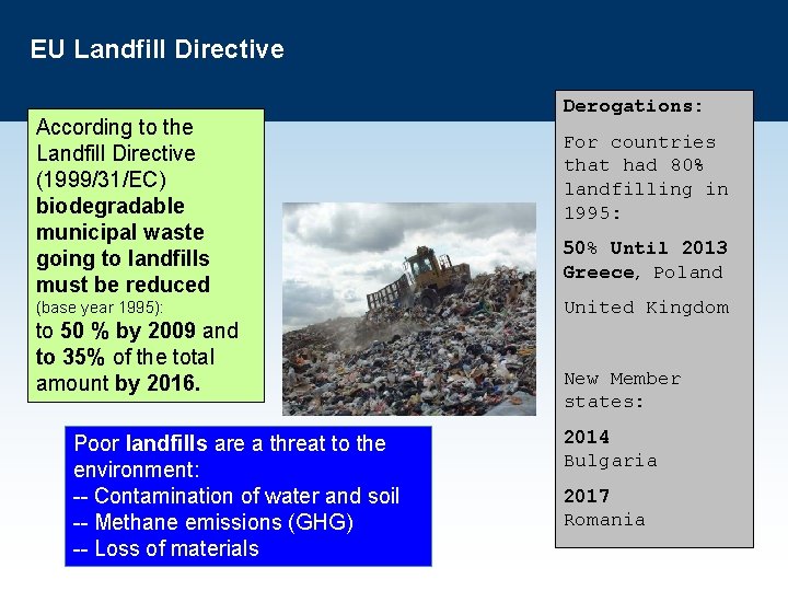 EU Landfill Directive According to the Landfill Directive (1999/31/EC) biodegradable municipal waste going to