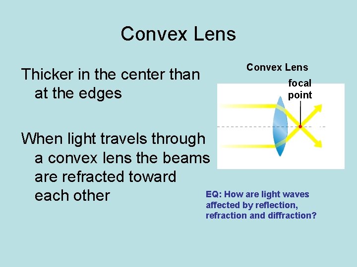 Convex Lens Thicker in the center than at the edges Convex Lens focal point