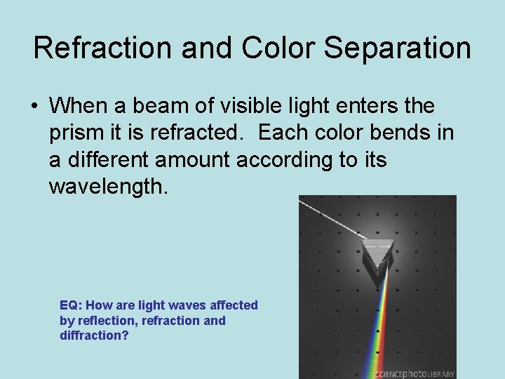 Refraction and Color Separation • When a beam of visible light enters the prism