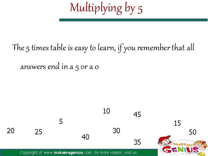 Multiplying by 5 The 5 times table is easy to learn, if you remember