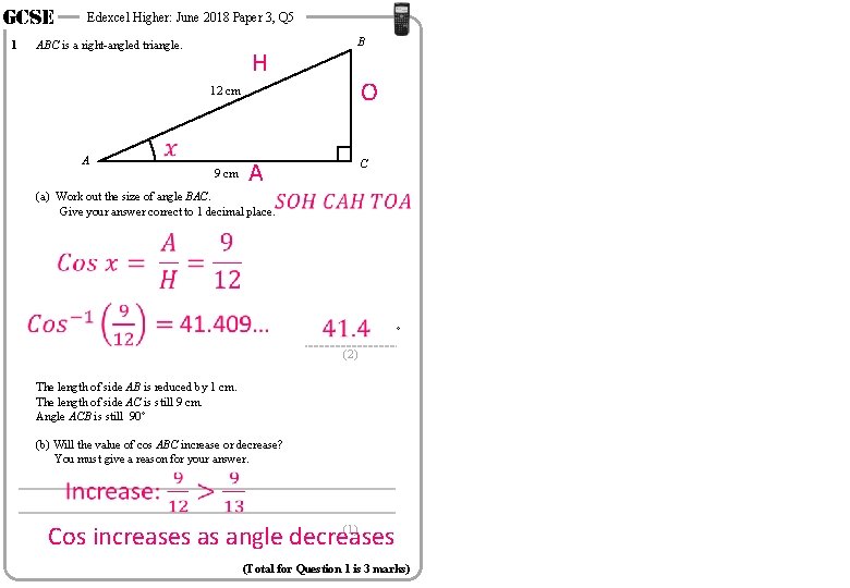 GCSE 1 Edexcel Higher: June 2018 Paper 3, Q 5 ABC is a right-angled
