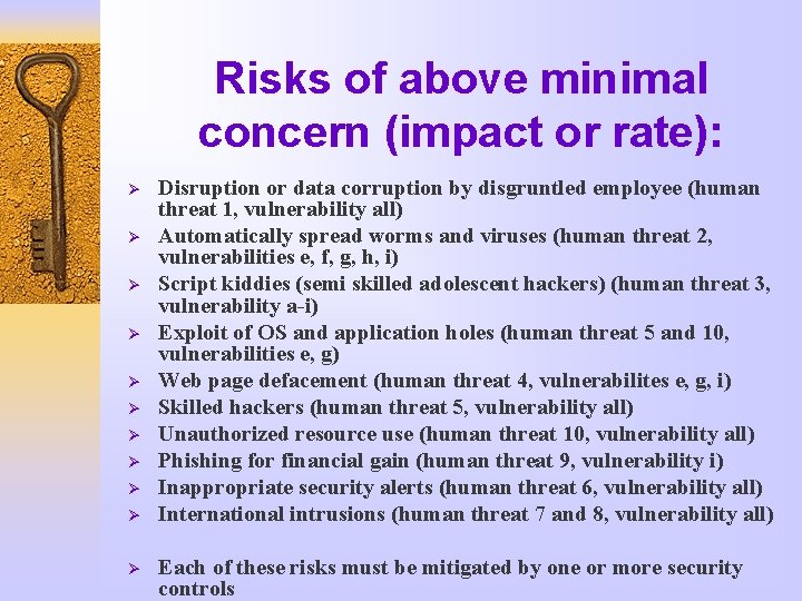 Risks of above minimal concern (impact or rate): Ø Ø Ø Disruption or data