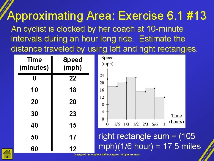 Approximating Area: Exercise 6. 1 #13 An cyclist is clocked by her coach at