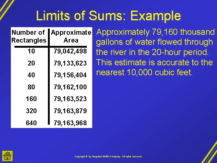 Limits of Sums: Example Number of Approximate Rectangles Area 10 79, 042, 498 20