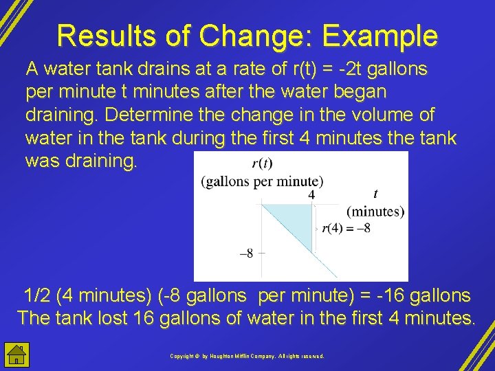 Results of Change: Example A water tank drains at a rate of r(t) =