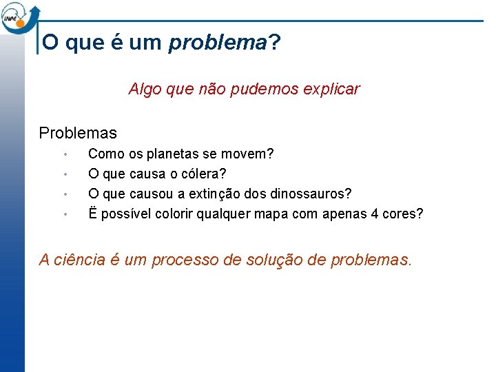 O que é um problema? Algo que não pudemos explicar Problemas • • Como