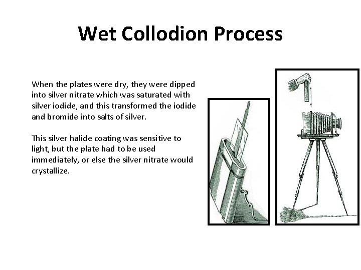 Wet Collodion Process When the plates were dry, they were dipped into silver nitrate