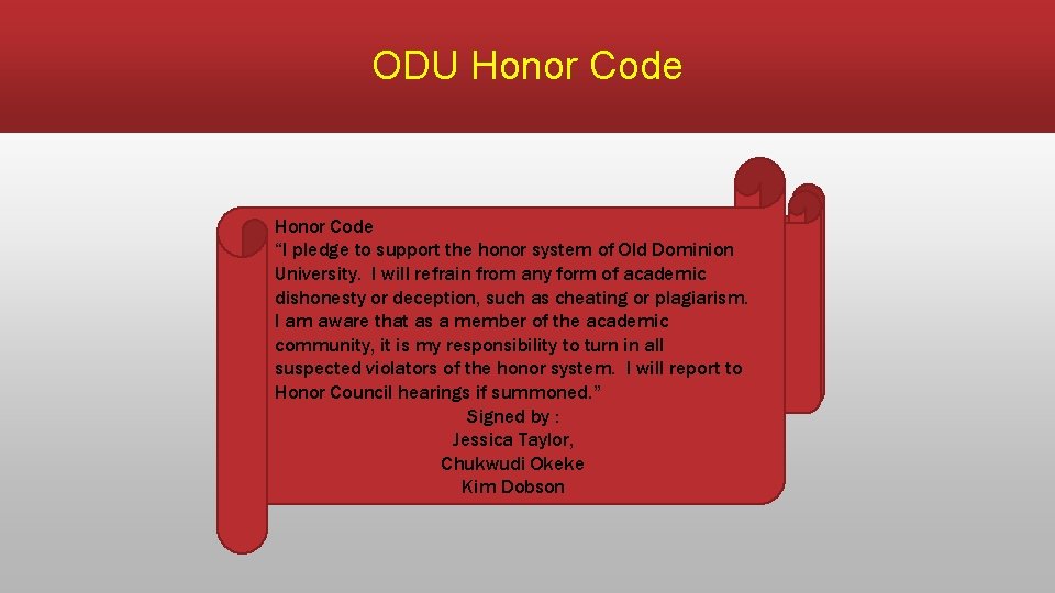ODU Honor Code “I pledge to support the honor system of Old Dominion University.