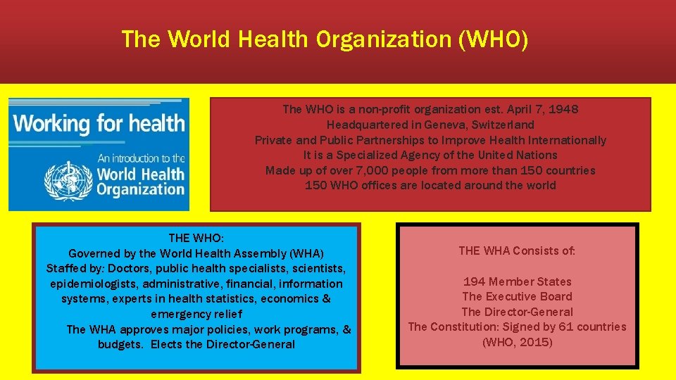 The World Health Organization (WHO) The WHO is a non-profit organization est. April 7,