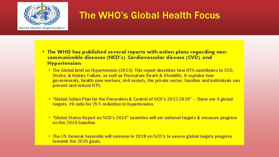 The WHO’s Global Health Focus § The WHO has published several reports with action
