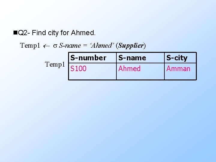 n. Q 2 - Find city for Ahmed. Temp 1 S-name = ‘Ahmed’ (Supplier)