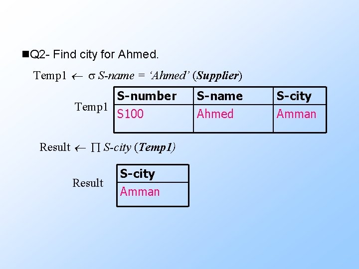 n. Q 2 - Find city for Ahmed. Temp 1 S-name = ‘Ahmed’ (Supplier)