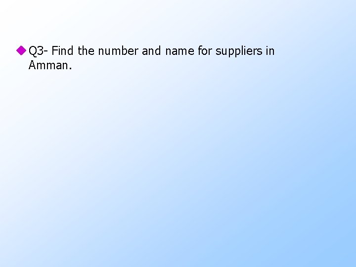 u Q 3 - Find the number and name for suppliers in Amman. 