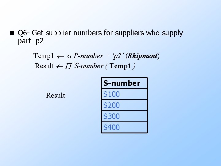 n Q 6 - Get supplier numbers for suppliers who supply part p 2