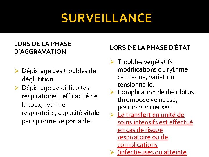  SURVEILLANCE LORS DE LA PHASE D’AGGRAVATION LORS DE LA PHASE D’ÉTAT Troubles végétatifs