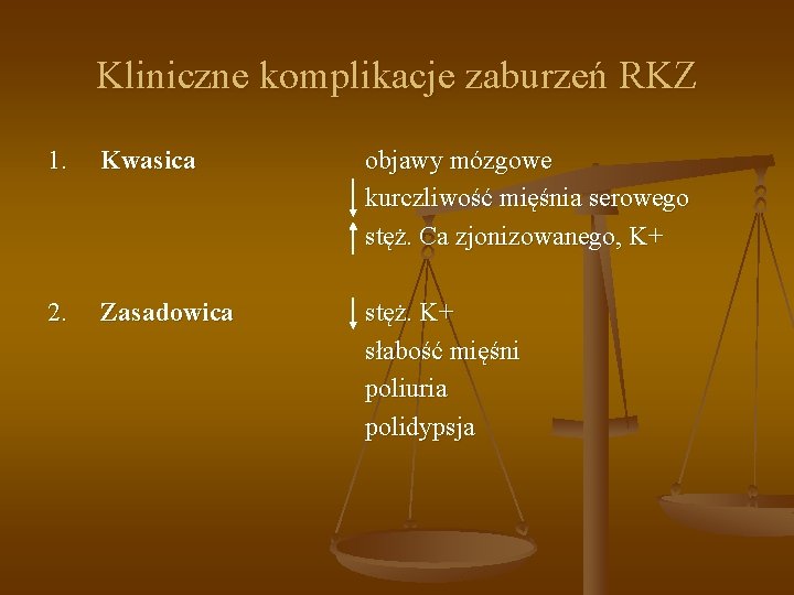 Kliniczne komplikacje zaburzeń RKZ 1. Kwasica 2. Zasadowica objawy mózgowe kurczliwość mięśnia serowego stęż.