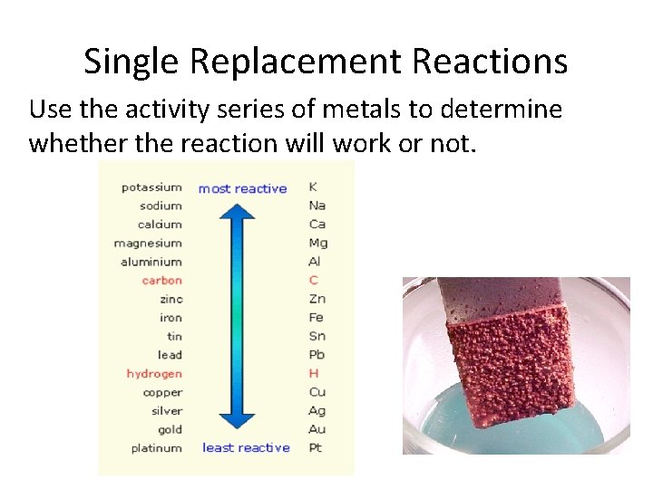 Single Replacement Reactions Use the activity series of metals to determine whether the reaction