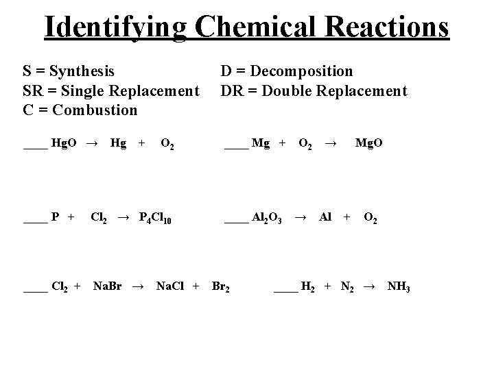 Identifying Chemical Reactions S = Synthesis D = Decomposition SR = Single Replacement DR