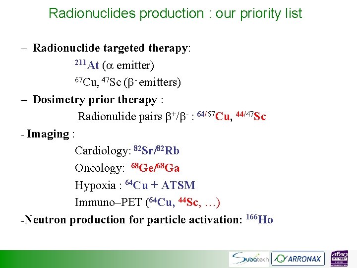 Radionuclides production : our priority list – Radionuclide targeted therapy: 211 At ( emitter)