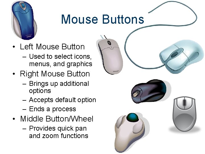 Mouse Buttons • Left Mouse Button – Used to select icons, menus, and graphics Mouse Buttons • Left Mouse Button – Used to select icons, menus, and graphics