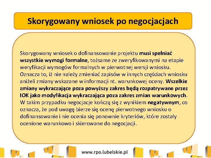 Skorygowany wniosek po negocjacjach Skorygowany wniosek o dofinansowanie projektu musi spełniać wszystkie wymogi formalne,