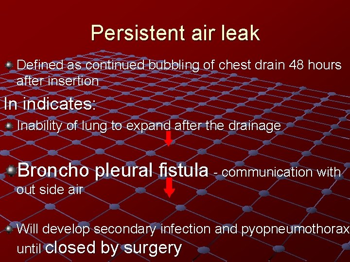 Persistent air leak Defined as continued bubbling of chest drain 48 hours after insertion