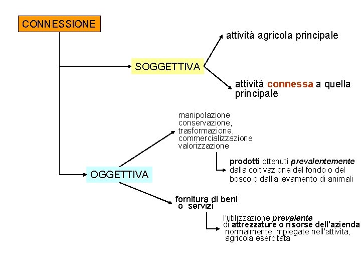 CONNESSIONE attività agricola principale SOGGETTIVA attività connessa a quella principale manipolazione conservazione, trasformazione, commercializzazione