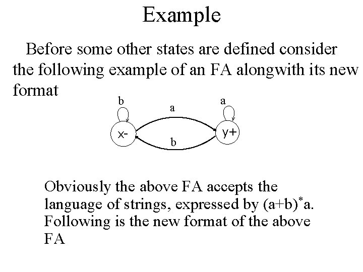 Example Before some other states are defined consider the following example of an FA Example Before some other states are defined consider the following example of an FA