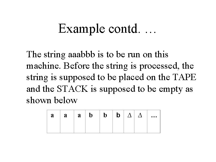 Example contd. … The string aaabbb is to be run on this machine. Before Example contd. … The string aaabbb is to be run on this machine. Before