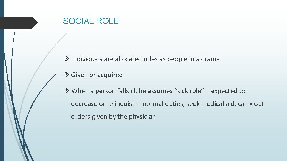 SOCIAL ROLE Individuals are allocated roles as people in a drama Given or acquired