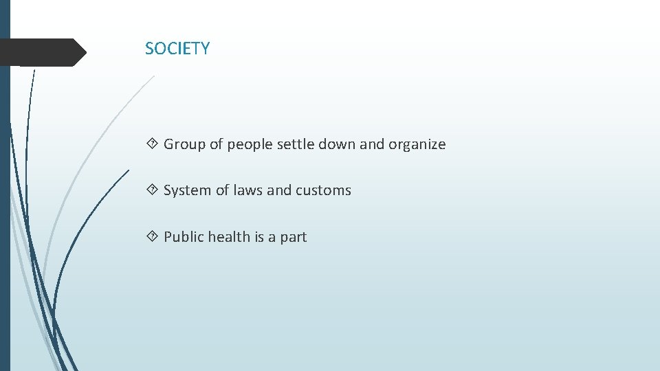 SOCIETY Group of people settle down and organize System of laws and customs Public