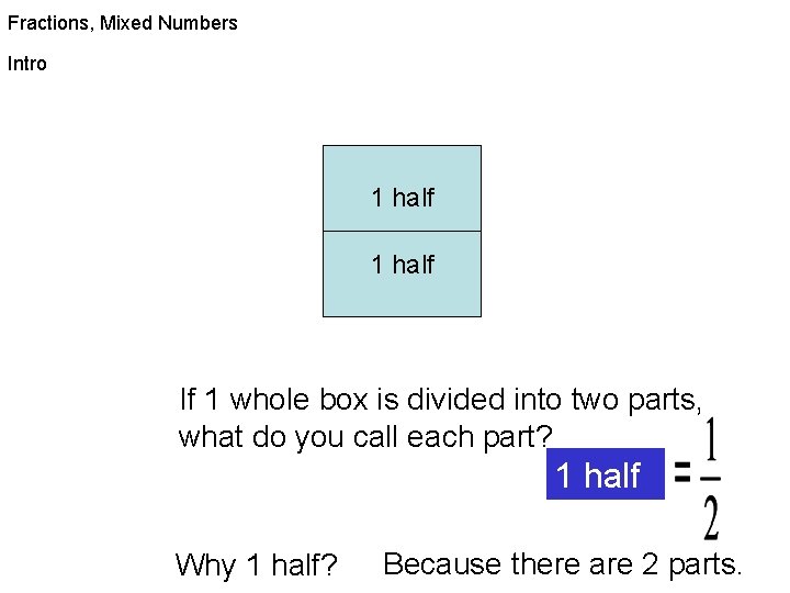 Fractions, Mixed Numbers Intro 1 half If 1 whole box is divided into two