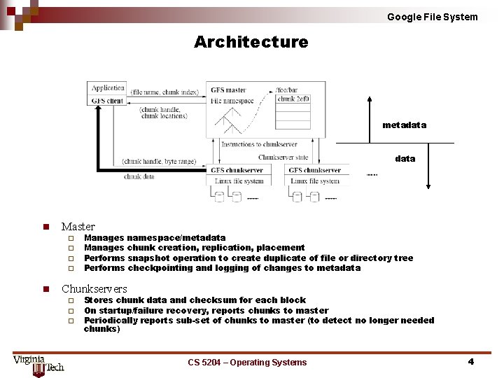 Google File System Architecture metadata n Master ¨ ¨ n Manages namespace/metadata Manages chunk