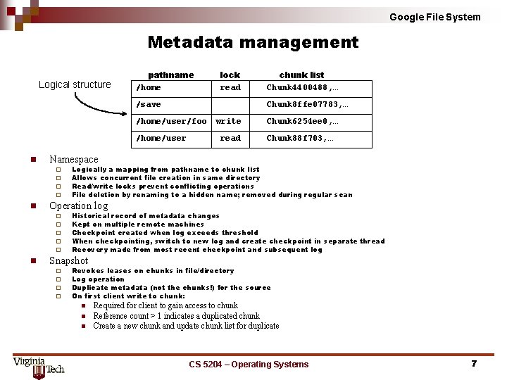 Google File System Metadata management Logical structure pathname /home lock read /save Chunk 8