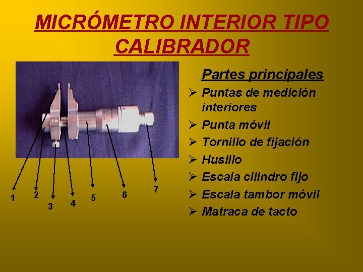 MICRÓMETRO INTERIOR TIPO CALIBRADOR • 3 1 Partes principales 2 3 4 5 6