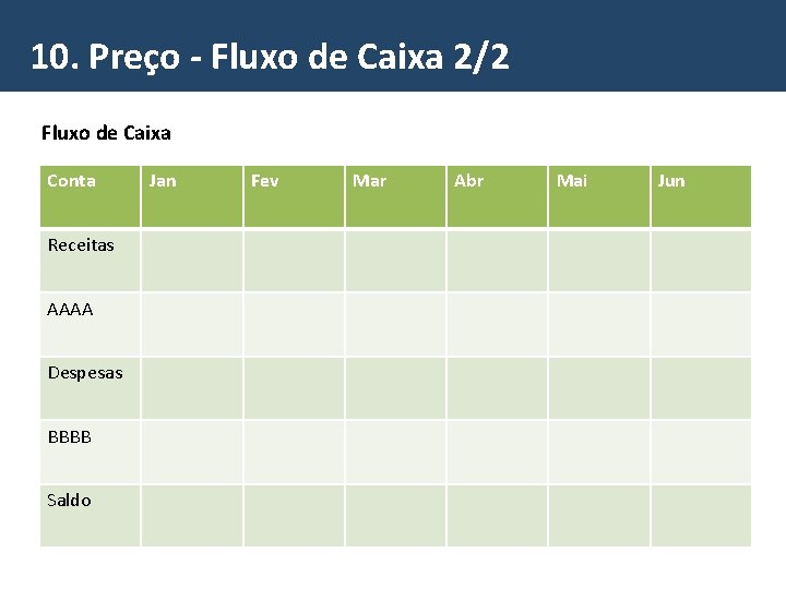 10. Preço - Fluxo de Caixa 2/2 Fluxo de Caixa Conta Receitas AAAA Despesas