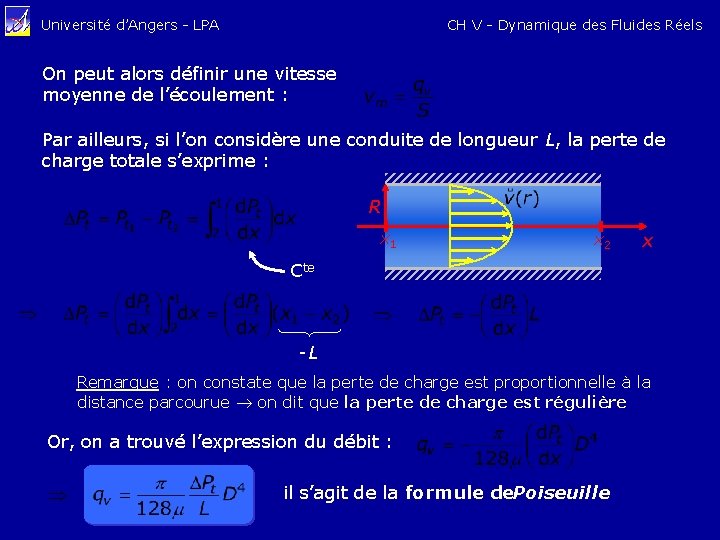 CH V - Dynamique des Fluides Réels Université d’Angers - LPA On peut alors