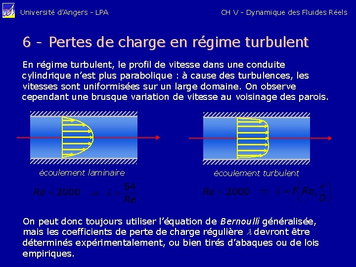 Université d’Angers - LPA CH V - Dynamique des Fluides Réels 6 - Pertes