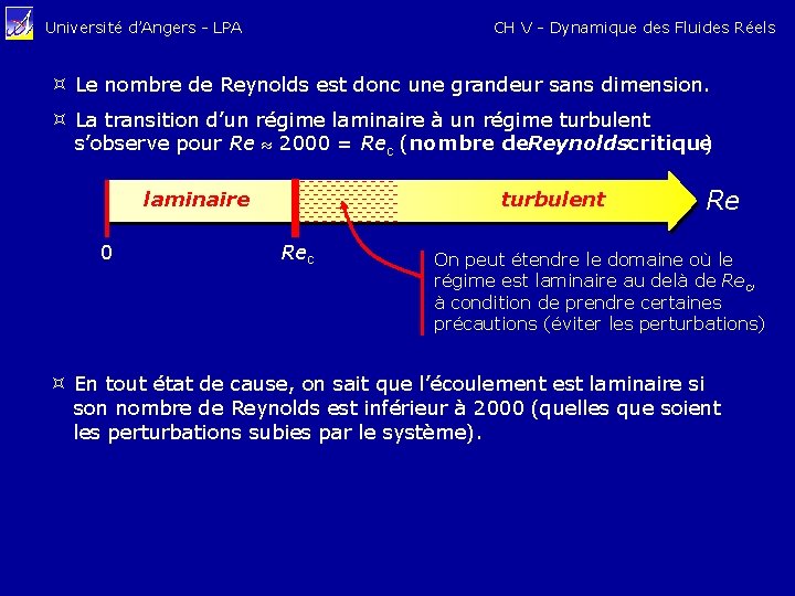 CH V - Dynamique des Fluides Réels Université d’Angers - LPA Le nombre de