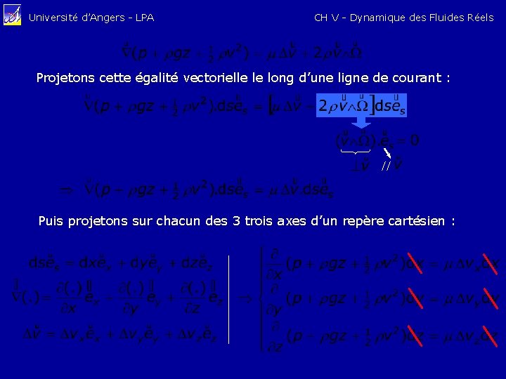Université d’Angers - LPA CH V - Dynamique des Fluides Réels Projetons cette égalité