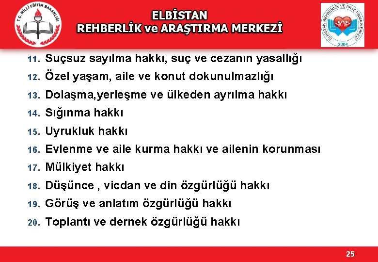 11. Suçsuz sayılma hakkı, suç ve cezanın yasallığı 12. Özel yaşam, aile ve konut