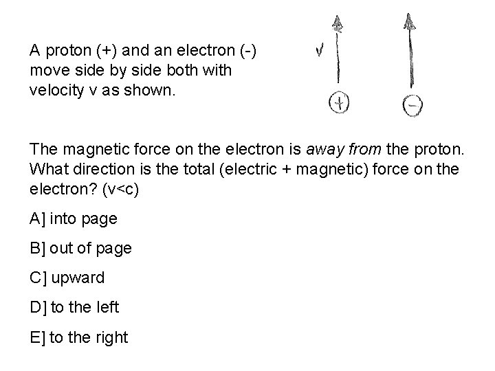 A proton (+) and an electron (-) move side by side both with velocity